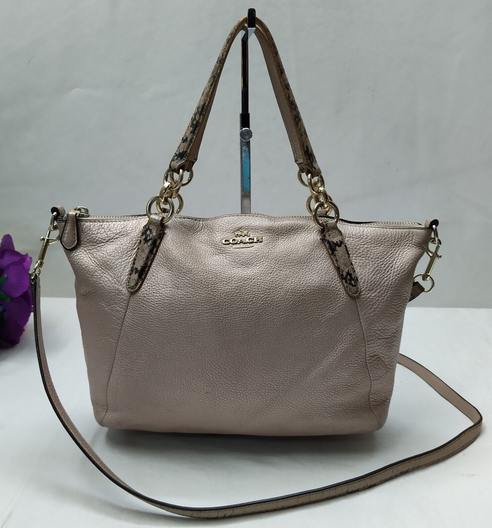 Coach Kelsey Metallic Beige Pebbled Leather Double Handles Zipper Satchel Bag